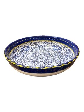 Spanish Blue White Yellow Ceramic Serving Bowl 12” Hand Painted Mediterranean